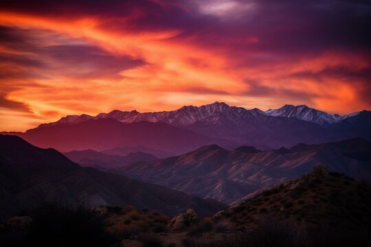 A stunning sunset casting warm hues of orange and purple over majestic mountains. Generative AI