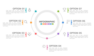 Naklejka premium Infographic semicircle 7 processes to success. Business presentation, and report. Vector illustration.