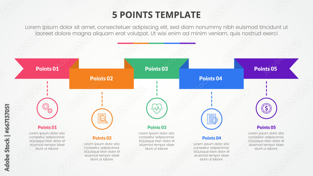 Aufkleber 5 points stage template infographic concept for slide presentation with ribbon header and timeline s