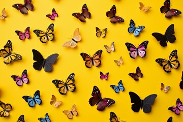 Colorful butterflies on yellow background. Generative AI