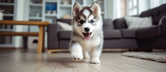 Alaskan Malamute puppy plays on living room carpet at one month old - obrazy, fototapety, plakaty
