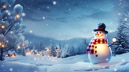 winter wonderland greeting card: merry christmas and happy new year with happy snowman in snowy landscape