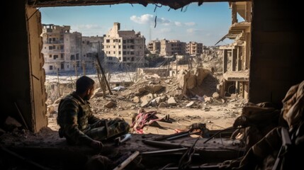 View from a ruined building of a war-torn city