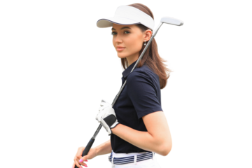 Professional female golfer holding golf club on field and looking away on a transparent background
