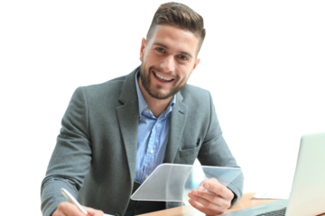 Businessman working in office with transparent tablet and laptop on a transparent background
