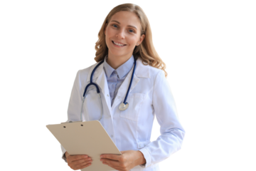 Happy smiling female doctor in white uniform coat and stethoscope on a transparent background