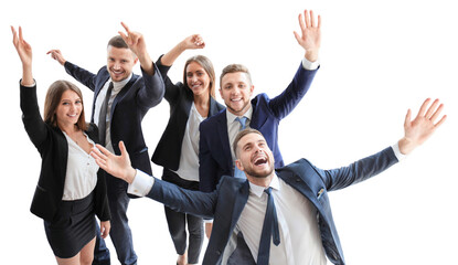 happy business team celebrating victory on a transparent background
