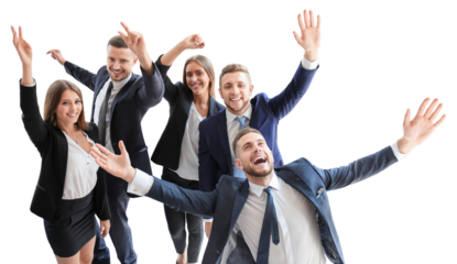 happy business team celebrating victory on a transparent background
