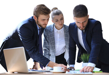 Group of business partners discussing ideas and planning work on a transparent background
