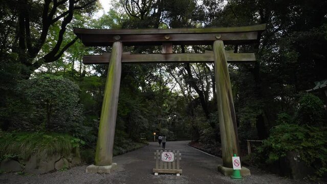 Tokyo, Japan, October 10, 2023 : The Tori traditional gate toward the famous Meiji Jingu Shinto temple in the heart of Tokyo. Torii gate at the Meiji Jingu Shrine in Shibuya, Tokyo, Japan
