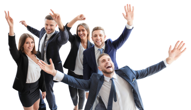 happy business team celebrating victory on a transparent background