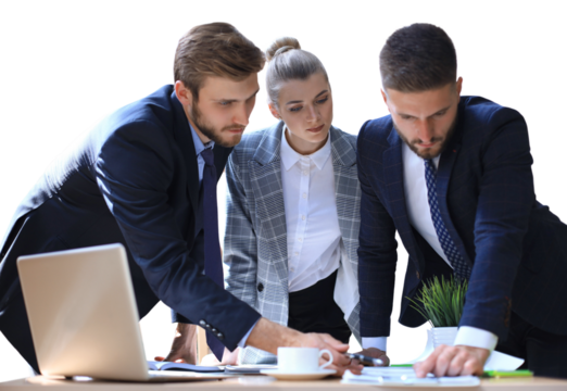Group of business partners discussing ideas and planning work on a transparent background