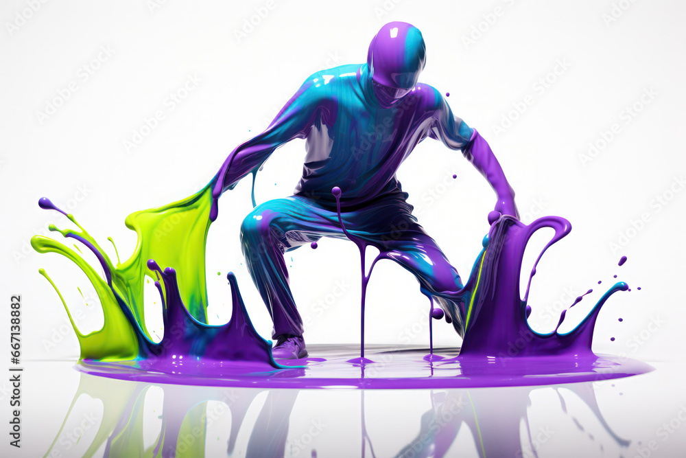Poster dynamic fusion, illustration of people in harmonious motion with abstract liquid forms