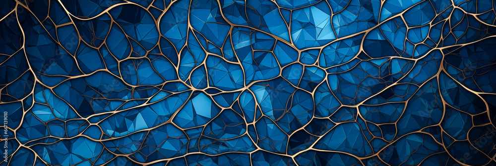Wall mural digital blue, gold fractal abstract surface background. technological process neural networks backdr