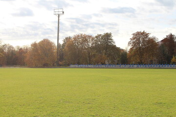 A grassy field with trees and a tower in the background