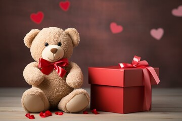 teddy bear holding open box with red plush heart inside. Generative AI