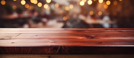 Blurry background on wooden table from above