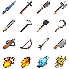 Icon Set for RPG, Tools Weapons Effects Vector Illustration
