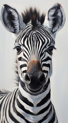 Adorable pastel illustration: Baby zebra portrait for a kids room, clean design on white backdrop.