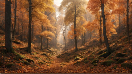  A dense forest in autumn with falling le 