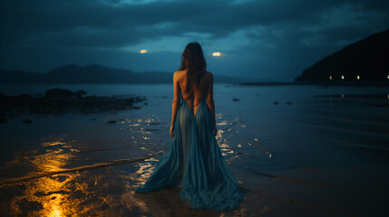 lonely young woman in a dress stands on a lonely beach in the middle of the storm, lost in sad thoughts