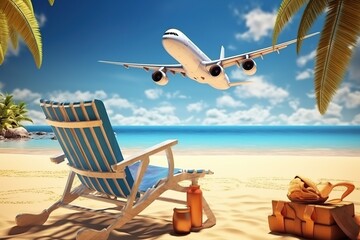 Fototapeta na wymiar Sandy Beach view with chair and Airplane on top , Travel concept 