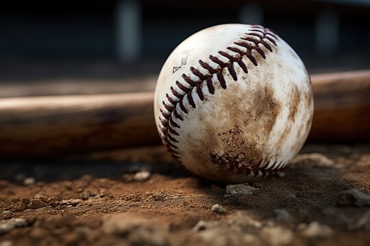 A close up image of an old used baseball, baseball bat and ball, photography