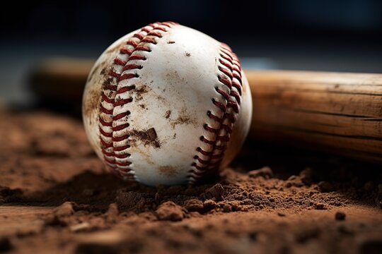 A close up image of an old used baseball, baseball bat and ball, photography
