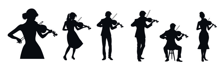 Violinist silhouette. Musician playing violin, Man and woman playing violin vector silhouette. Musician artist - obrazy, fototapety, plakaty