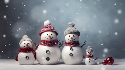 Snowmen happy familly on the grey backround. Christmas atmosphere 