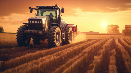 a big tractor in corn field.