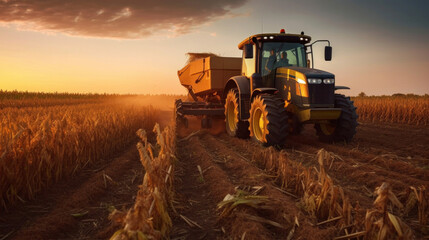 Fototapeta premium a big tractor in corn field.