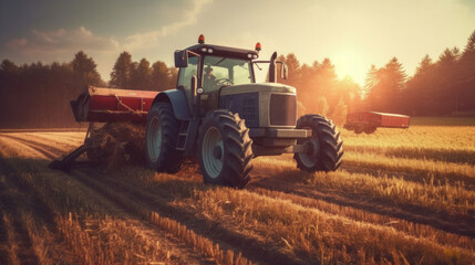 a big tractor in corn field.