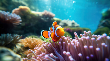 Naklejka na ściany i meble a clown fish swimming in a sea anemone.