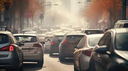 Foto op Plexiglas Cars on the street of the city are stuck in a traffic jam. Heavy smoke © cherezoff