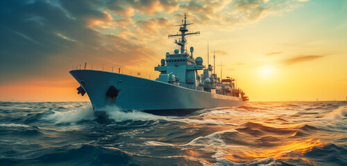Fototapeta Military navy ships in a sea bay at sunset obraz