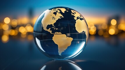 Transparent globe showing World with reflection. Concept of global business or communication