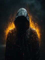 Hooded man with flaming glowing eyes, darkness void as background - obrazy, fototapety, plakaty