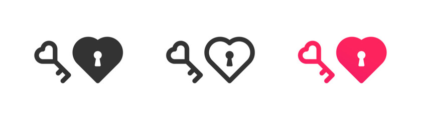 Fototapeta premium Heart shaped padlock with key icon, love, romance, dating simple outline flat style vector illustration.