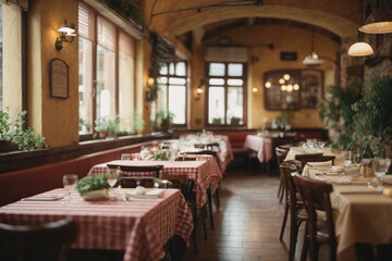 Cozy Italian trattoria interior with rustic charm, checkered tablecloths, and delicious pasta dishes.