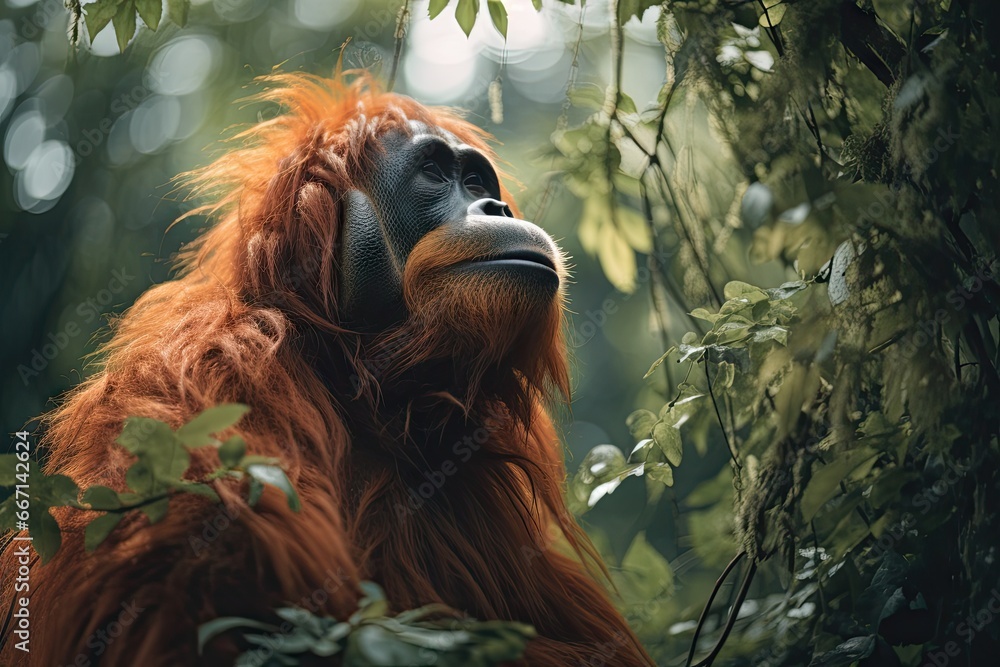 Poster a close up of an oranguel in a tree. generative ai