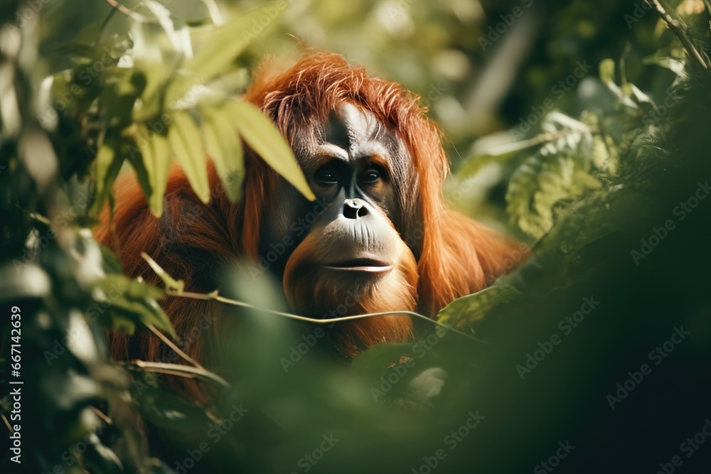 Poster a close up of a monkey in a tree with leaves. generative ai