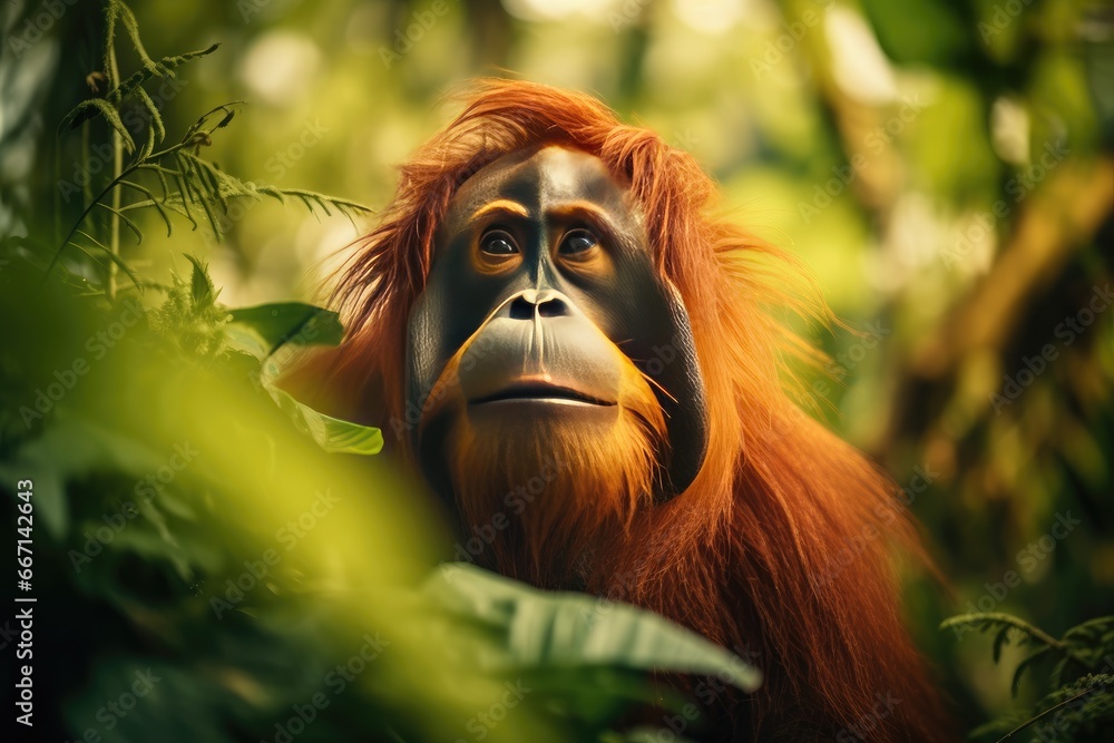 Poster a close up of a monkey in a tree with leaves. generative ai