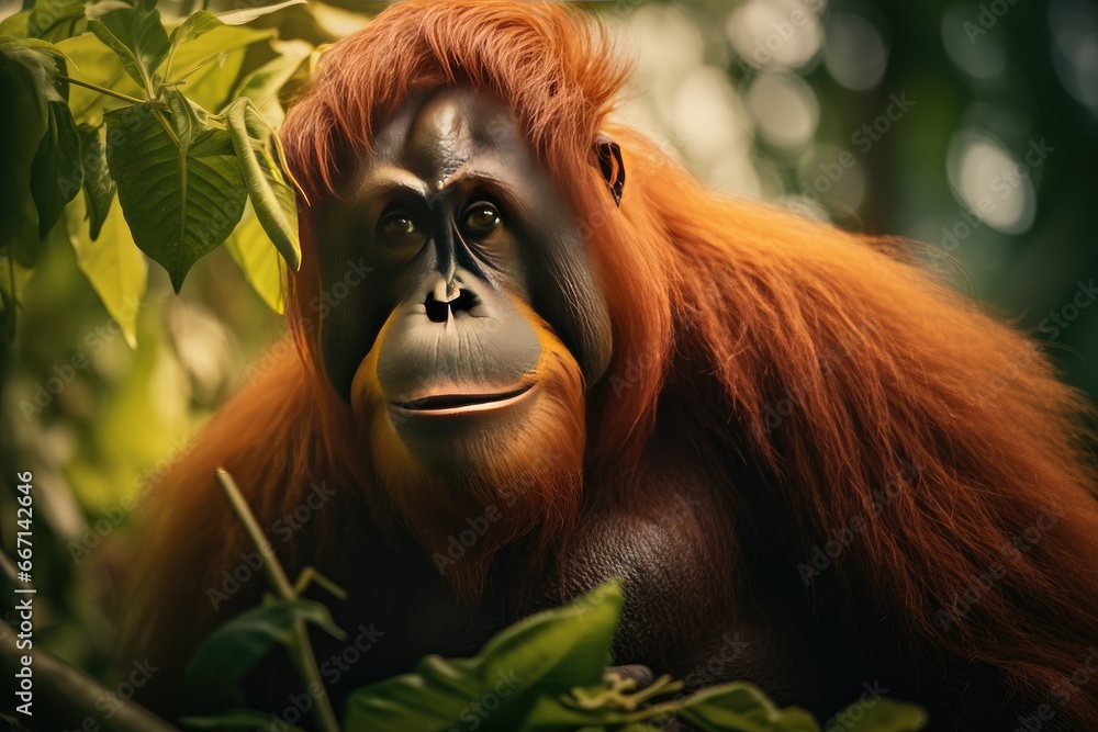 Poster a close up of a monkey in a tree with leaves. generative ai