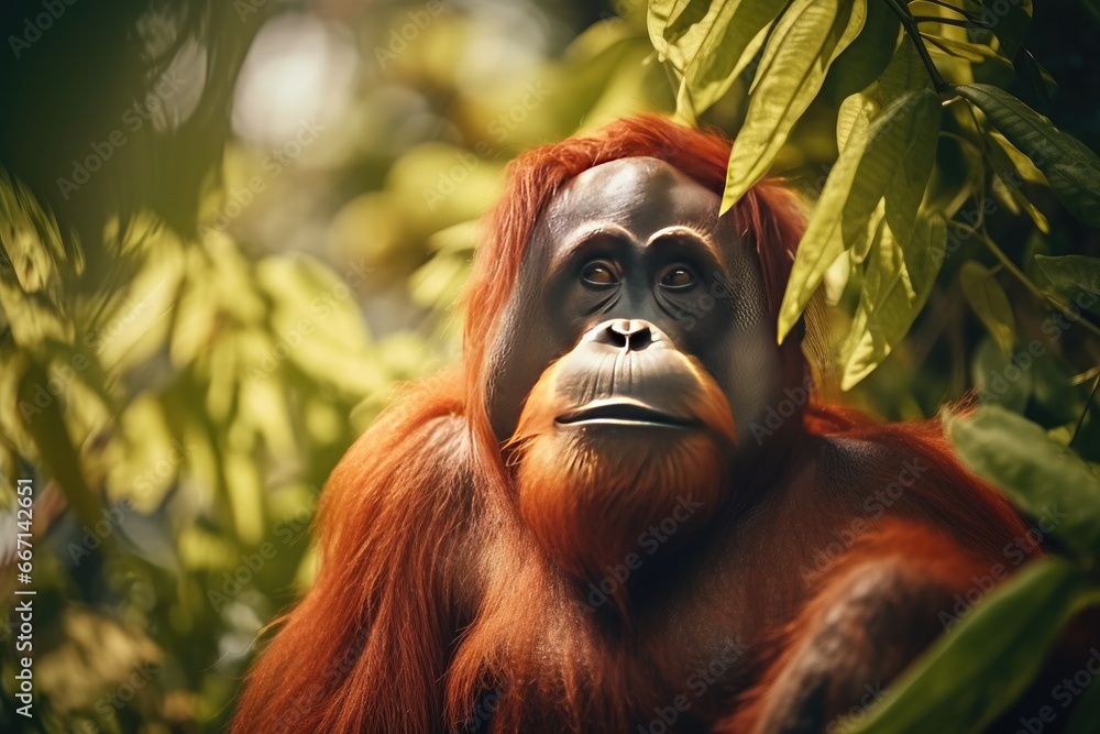Poster a close up of a monkey in a tree with leaves. generative ai