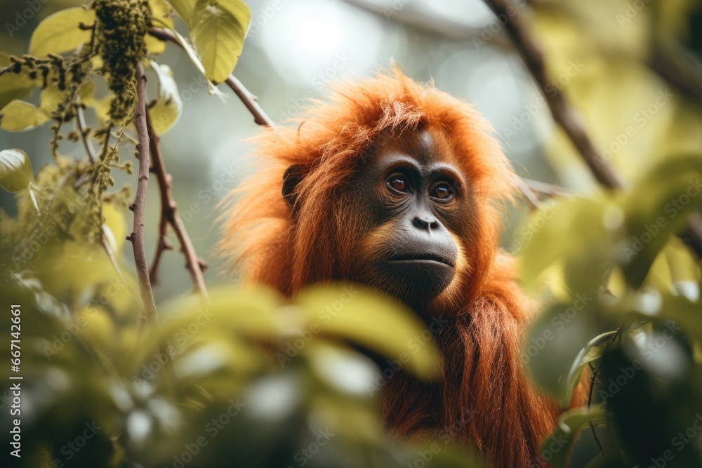 Poster a close up of a monkey in a tree with leaves. generative ai