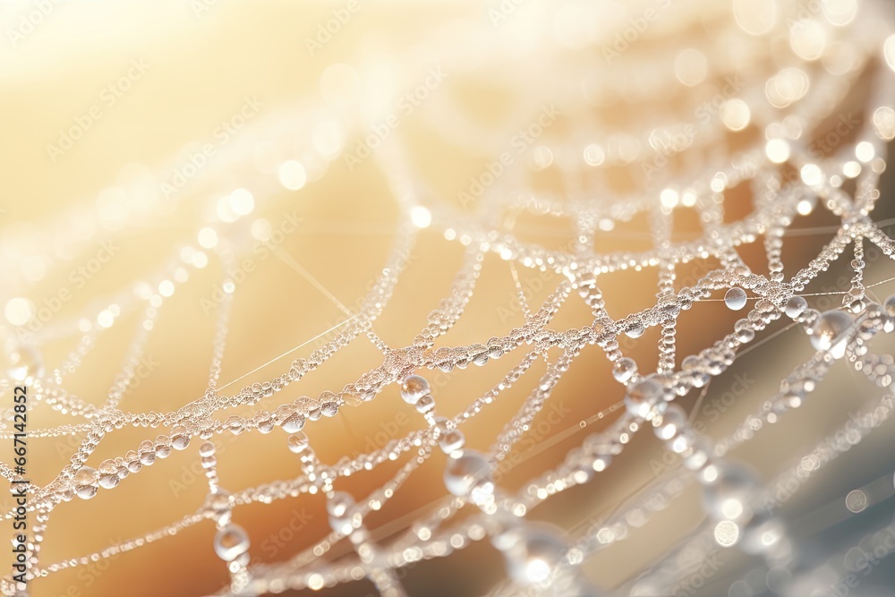Poster a close up of water droplets on a web of string. generative ai
