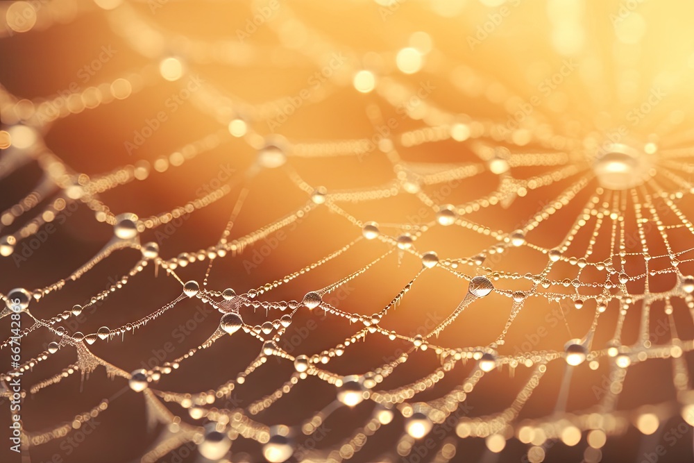 Poster a close up of a spider web with dew drops on it. generative ai