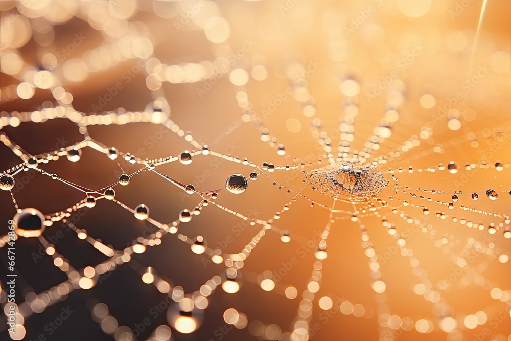 Poster a close up of a spider web with drops of water on it. generative ai