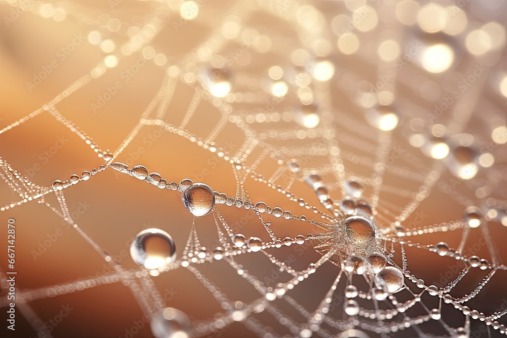 Poster dew drops on a spider web with a blurry background. generative ai